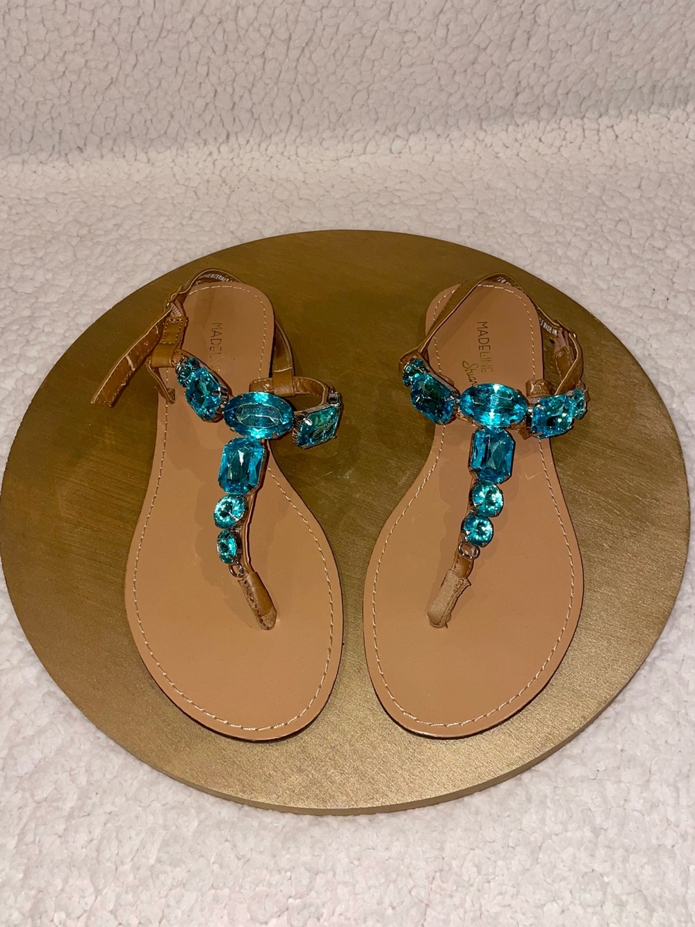 Madeline Stuart Turquoise Gem-Embellished Women's T-Strap Sandals in Tan
